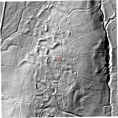 Shaded relief map of the ground around SY108AS, computed from Environment Agency LiDAR. The ground here sits at about 94 m above sea level and falls 13 m across the surrounding 800 m. Surface water reaching this point runs off ground lying to the east-north-east, 2.1 m higher.
