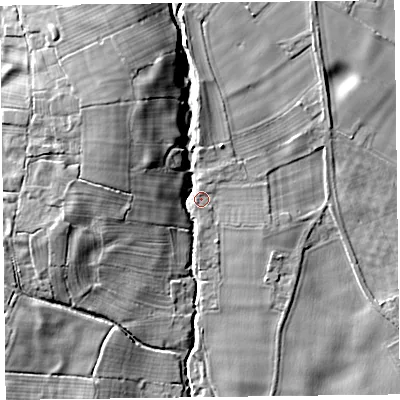 Shaded relief map of the ground around SY108AT, computed from Environment Agency LiDAR. The ground here sits at about 87 m above sea level and falls 15 m across the surrounding 800 m. Surface water reaching this point runs off ground lying to the north-north-west, 11.6 m higher.