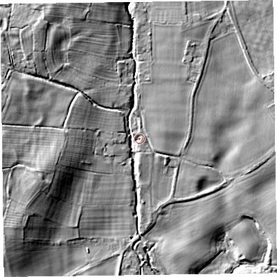 Shaded relief map of the ground around SY108AU, computed from Environment Agency LiDAR. The ground here sits at about 83 m above sea level and falls 17 m across the surrounding 800 m. Surface water reaching this point runs off ground lying to the north-west, 11.7 m higher.
