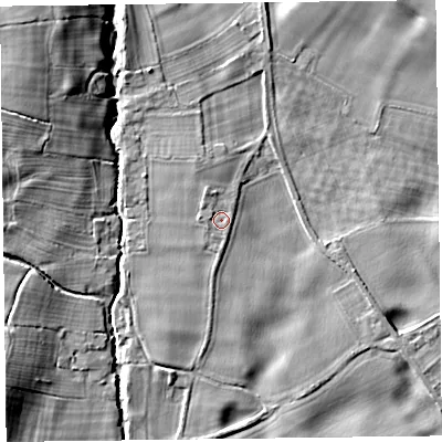 Shaded relief map of the ground around SY108AX, computed from Environment Agency LiDAR. The ground here sits at about 86 m above sea level and falls 16 m across the surrounding 800 m. Surface water reaching this point runs off ground lying to the north-north-west, 1.2 m higher.