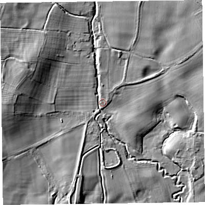Shaded relief map of the ground around SY108AY, computed from Environment Agency LiDAR. The ground here sits at about 81 m above sea level and falls 18 m across the surrounding 800 m. Surface water reaching this point runs off ground lying to the north-west, 12.6 m higher.