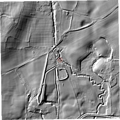 Shaded relief map of the ground around SY108AZ, computed from Environment Agency LiDAR. The ground here sits at about 80 m above sea level and falls 17 m across the surrounding 800 m. Surface water reaching this point runs off ground lying to the north, 6.5 m higher.