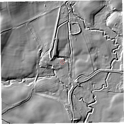 Shaded relief map of the ground around SY108BB, computed from Environment Agency LiDAR. The ground here sits at about 77 m above sea level and falls 18 m across the surrounding 800 m. Surface water reaching this point runs off ground lying to the north-north-west, 6.0 m higher.