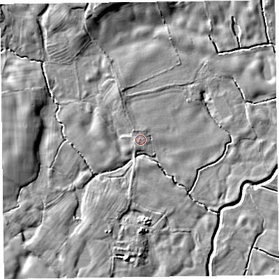 Shaded relief map of the ground around SY108BS, computed from Environment Agency LiDAR. The ground here sits at about 65 m above sea level and falls 9 m across the surrounding 800 m. Surface water reaching this point runs off ground lying to the south-south-west, 0.9 m higher.