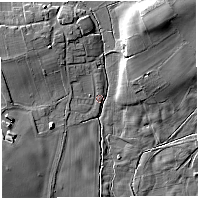 Shaded relief map of the ground around SY108BY, computed from Environment Agency LiDAR. The ground here sits at about 63 m above sea level and falls 14 m across the surrounding 800 m. Surface water reaching this point runs off ground lying to the north-west, 5.1 m higher.