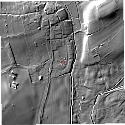 Shaded relief map of the ground around SY108BZ, computed from Environment Agency LiDAR. The ground here sits at about 63 m above sea level and falls 14 m across the surrounding 800 m. Surface water reaching this point runs off ground lying to the west-south-west, 1.7 m higher.