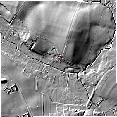 Shaded relief map of the ground around SY108DB, computed from Environment Agency LiDAR. The ground here sits at about 67 m above sea level and falls 14 m across the surrounding 800 m. Surface water reaching this point runs off ground lying to the north-north-east, 8.6 m higher.
