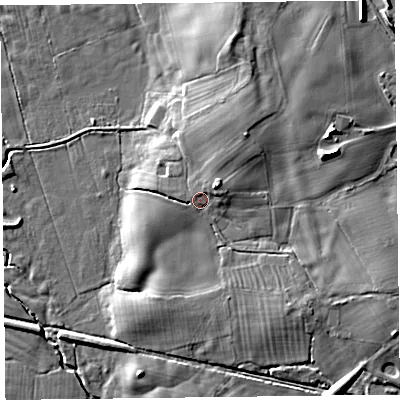 Shaded relief map of the ground around SY108DJ, computed from Environment Agency LiDAR. The ground here sits at about 64 m above sea level and falls 14 m across the surrounding 800 m. Surface water reaching this point runs off ground lying to the north-east, 2.7 m higher.