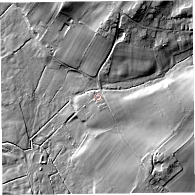 Shaded relief map of the ground around SY108EE, computed from Environment Agency LiDAR. The ground here sits at about 67 m above sea level and falls 20 m across the surrounding 800 m. Surface water reaching this point runs off ground lying to the south-east, 2.2 m higher.