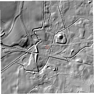 Shaded relief map of the ground around SY108EG, computed from Environment Agency LiDAR. The ground here sits at about 60 m above sea level and falls 14 m across the surrounding 800 m. Surface water reaching this point runs off ground lying to the north-west, 13.2 m higher.
