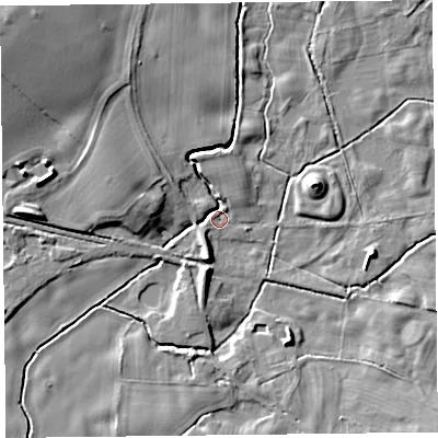 Shaded relief map of the ground around SY108EJ, computed from Environment Agency LiDAR. The ground here sits at about 60 m above sea level and falls 16 m across the surrounding 800 m. Surface water reaching this point runs off ground lying to the north-west, 14.7 m higher.