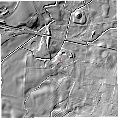 Shaded relief map of the ground around SY108EL, computed from Environment Agency LiDAR. The ground here sits at about 61 m above sea level and falls 11 m across the surrounding 800 m. Surface water reaching this point runs off ground lying to the east, 3.0 m higher.
