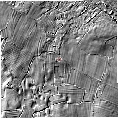 Shaded relief map of the ground around SY108EP, computed from Environment Agency LiDAR. The ground here sits at about 65 m above sea level and falls 11 m across the surrounding 800 m. Surface water reaching this point runs off ground lying to the north-east, 1.0 m higher.