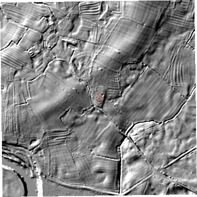 Shaded relief map of the ground around SY108ER, computed from Environment Agency LiDAR. The ground here sits at about 61 m above sea level and falls 9 m across the surrounding 800 m. Surface water reaching this point runs off ground lying to the north-north-west, 0.7 m higher.