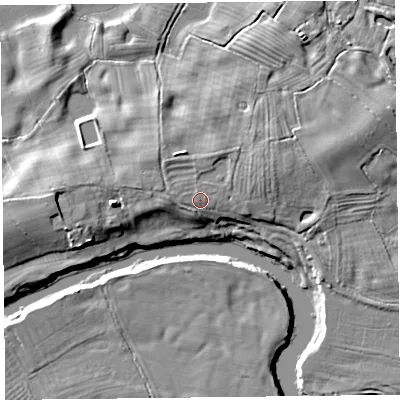 Shaded relief map of the ground around SY108ES, computed from Environment Agency LiDAR. The ground here sits at about 61 m above sea level and falls 9 m across the surrounding 800 m. Surface water reaching this point runs off ground lying to the west-north-west, 1.1 m higher.