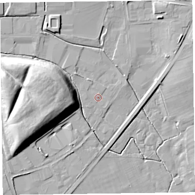 Shaded relief map of the ground around SY108GB, computed from Environment Agency LiDAR. The ground here sits at about 99 m above sea level and falls 20 m across the surrounding 800 m. The ground contributing surface water to this point lies to the west.