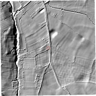 Shaded relief map of the ground around SY108HD, computed from Environment Agency LiDAR. The ground here sits at about 87 m above sea level and falls 14 m across the surrounding 800 m. Surface water reaching this point runs off ground lying to the north-north-west, 4.3 m higher.