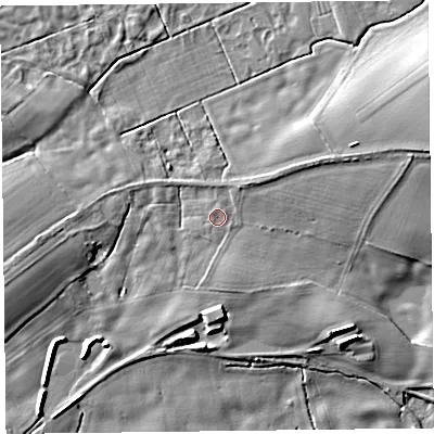 Shaded relief map of the ground around SY108HR, computed from Environment Agency LiDAR. The ground here sits at about 68 m above sea level and falls 13 m across the surrounding 800 m. Surface water reaching this point runs off ground lying to the south, 0.8 m higher.