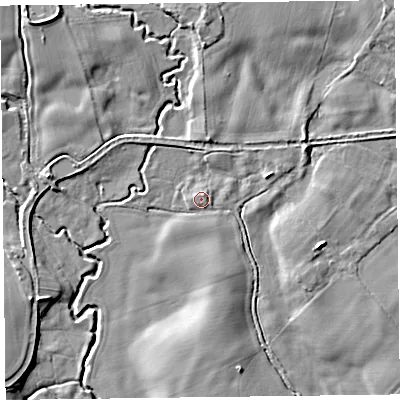 Shaded relief map of the ground around SY108JG, computed from Environment Agency LiDAR. The ground here sits at about 75 m above sea level and falls 10 m across the surrounding 800 m. Surface water reaching this point runs off ground lying to the east-north-east, 1.2 m higher.