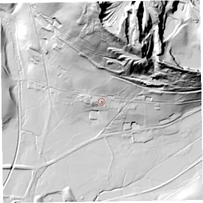 Shaded relief map of the ground around SY108LY, computed from Environment Agency LiDAR. The ground here sits at about 114 m above sea level and falls 136 m across the surrounding 800 m. Surface water reaching this point runs off ground lying to the north-north-east, 96.2 m higher.