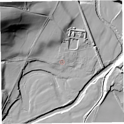 Shaded relief map of the ground around SY108NA, computed from Environment Agency LiDAR. The ground here sits at about 77 m above sea level and falls 60 m across the surrounding 800 m. Surface water reaching this point runs off ground lying to the north-north-east, 2.2 m higher.