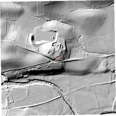 Shaded relief map of the ground around SY108NB, computed from Environment Agency LiDAR. The ground here sits at about 100 m above sea level and falls 30 m across the surrounding 800 m. Surface water reaching this point runs off ground lying to the west-north-west, 8.1 m higher.