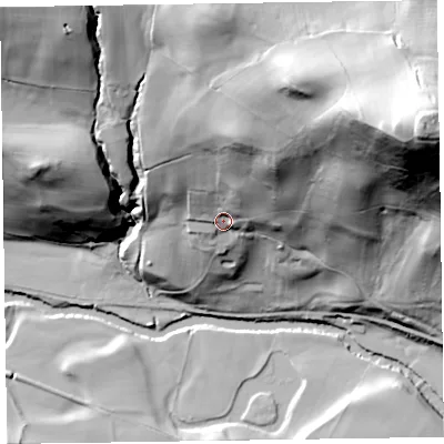 Shaded relief map of the ground around SY108NF, computed from Environment Agency LiDAR. The ground here sits at about 118 m above sea level and falls 106 m across the surrounding 800 m. Surface water reaching this point runs off ground lying to the north-north-east, 53.0 m higher.