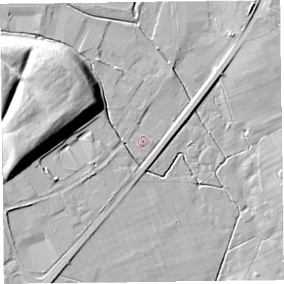 Shaded relief map of the ground around SY108NN, computed from Environment Agency LiDAR. The ground here sits at about 98 m above sea level and falls 20 m across the surrounding 800 m. Surface water reaching this point runs off ground lying to the west-south-west, 2.1 m higher.