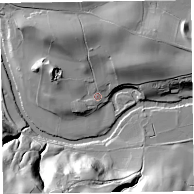 Shaded relief map of the ground around SY108NQ, computed from Environment Agency LiDAR. The ground here sits at about 90 m above sea level and falls 73 m across the surrounding 800 m. Surface water reaching this point runs off ground lying to the north-north-west, 19.4 m higher.