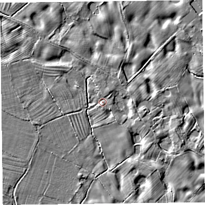 Shaded relief map of the ground around SY108PB, computed from Environment Agency LiDAR. The ground here sits at about 61 m above sea level and falls 4 m across the surrounding 800 m. Surface water reaching this point runs off ground lying to the east-south-east, 2.3 m higher.