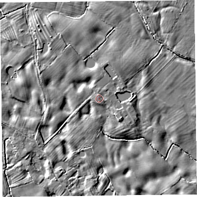 Shaded relief map of the ground around SY108PD, computed from Environment Agency LiDAR. The ground here sits at about 61 m above sea level and falls 5 m across the surrounding 800 m. Surface water reaching this point runs off ground lying to the north, 0.8 m higher.