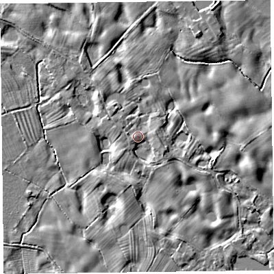 Shaded relief map of the ground around SY108PE, computed from Environment Agency LiDAR. The ground here sits at about 61 m above sea level and falls 5 m across the surrounding 800 m. Surface water reaching this point runs off ground lying to the south-west, 2.7 m higher.