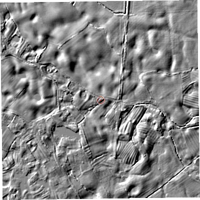 Shaded relief map of the ground around SY108PF, computed from Environment Agency LiDAR. The ground here sits at about 60 m above sea level and falls 6 m across the surrounding 800 m. Surface water reaching this point runs off ground lying to the west, 3.9 m higher.