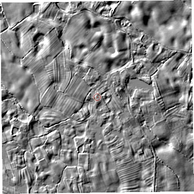 Shaded relief map of the ground around SY108PG, computed from Environment Agency LiDAR. The ground here sits at about 61 m above sea level and falls 5 m across the surrounding 800 m. Surface water reaching this point runs off ground lying to the north-north-west, 1.9 m higher.