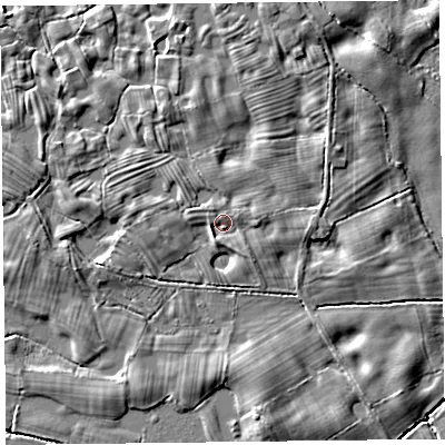 Shaded relief map of the ground around SY108PH, computed from Environment Agency LiDAR. The ground here sits at about 60 m above sea level and falls 5 m across the surrounding 800 m. Surface water reaching this point runs off ground lying to the south-west, 1.4 m higher.