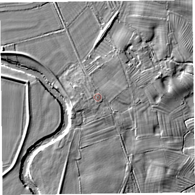 Shaded relief map of the ground around SY108PJ, computed from Environment Agency LiDAR. The ground here sits at about 61 m above sea level and falls 6 m across the surrounding 800 m. The ground contributing surface water to this point lies to the west-north-west.
