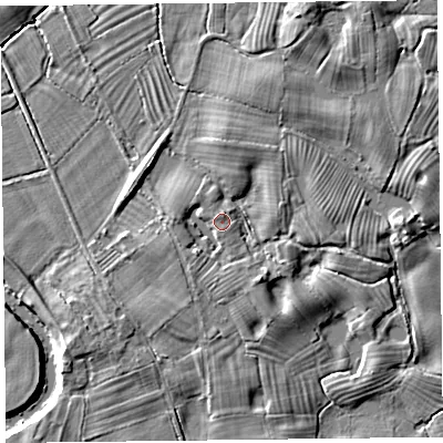 Shaded relief map of the ground around SY108PL, computed from Environment Agency LiDAR. The ground here sits at about 60 m above sea level and falls 6 m across the surrounding 800 m. Surface water reaching this point runs off ground lying to the west, 1.8 m higher.