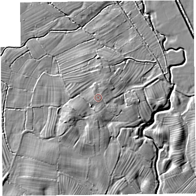 Shaded relief map of the ground around SY108PN, computed from Environment Agency LiDAR. The ground here sits at about 61 m above sea level and falls 6 m across the surrounding 800 m. Surface water reaching this point runs off ground lying to the north-north-east, 1.1 m higher.