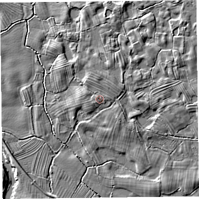 Shaded relief map of the ground around SY108PQ, computed from Environment Agency LiDAR. The ground here sits at about 61 m above sea level and falls 5 m across the surrounding 800 m. Surface water reaching this point runs off ground lying to the north-west, 0.6 m higher.