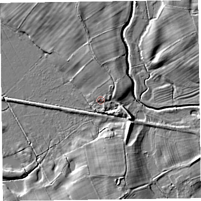 Shaded relief map of the ground around SY108QB, computed from Environment Agency LiDAR. The ground here sits at about 64 m above sea level and falls 8 m across the surrounding 800 m. Surface water reaching this point runs off ground lying to the north-east, 3.5 m higher.