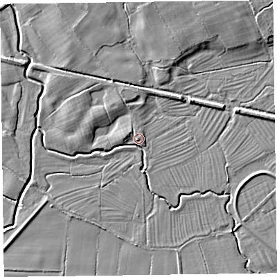 Shaded relief map of the ground around SY108QE, computed from Environment Agency LiDAR. The ground here sits at about 63 m above sea level and falls 6 m across the surrounding 800 m. Surface water reaching this point runs off ground lying to the west, 3.2 m higher.
