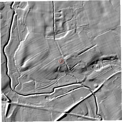 Shaded relief map of the ground around SY108QF, computed from Environment Agency LiDAR. The ground here sits at about 66 m above sea level and falls 9 m across the surrounding 800 m. The ground contributing surface water to this point lies to the south-west.