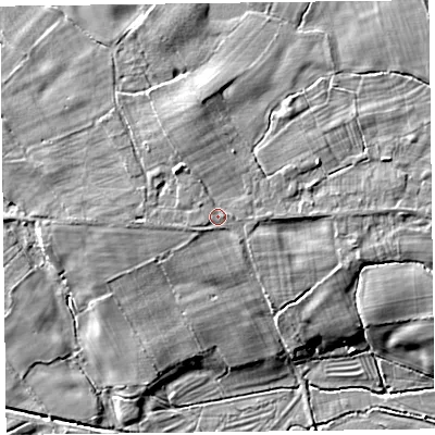 Shaded relief map of the ground around SY108QG, computed from Environment Agency LiDAR. The ground here sits at about 67 m above sea level and falls 10 m across the surrounding 800 m. Surface water reaching this point runs off ground lying to the north-west, 2.0 m higher.