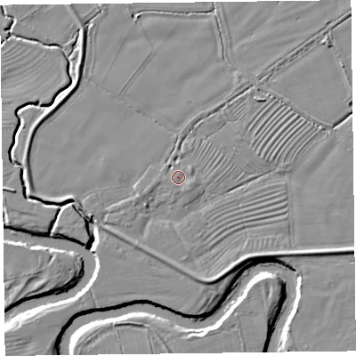 Shaded relief map of the ground around SY108QH, computed from Environment Agency LiDAR. The ground here sits at about 61 m above sea level and falls 5 m across the surrounding 800 m. Surface water reaching this point runs off ground lying to the east-south-east, 1.3 m higher.