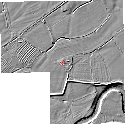 Shaded relief map of the ground around SY108QJ, computed from Environment Agency LiDAR. The ground here sits at about 61 m above sea level and falls 5 m across the surrounding 800 m. Surface water reaching this point runs off ground lying to the south-south-east, 0.5 m higher.