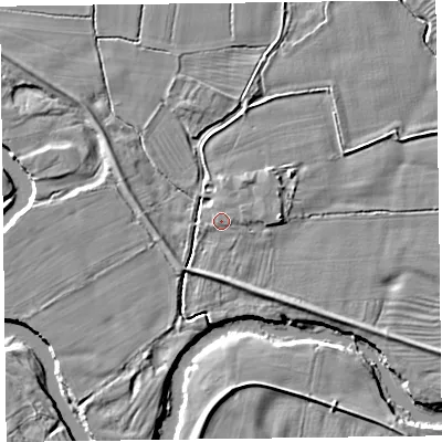 Shaded relief map of the ground around SY108QQ, computed from Environment Agency LiDAR. The ground here sits at about 62 m above sea level and falls 5 m across the surrounding 800 m. Surface water reaching this point runs off ground lying to the east-south-east, 0.7 m higher.
