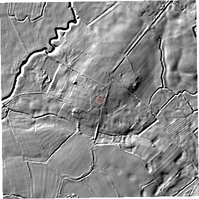 Shaded relief map of the ground around SY108QS, computed from Environment Agency LiDAR. The ground here sits at about 68 m above sea level and falls 6 m across the surrounding 800 m. Surface water reaching this point runs off ground lying to the north-north-west, 1.2 m higher.