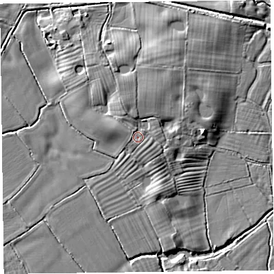 Shaded relief map of the ground around SY108QY, computed from Environment Agency LiDAR. The ground here sits at about 63 m above sea level and falls 7 m across the surrounding 800 m. Surface water reaching this point runs off ground lying to the north-west, 1.8 m higher.