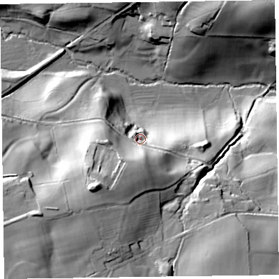 Shaded relief map of the ground around SY109AB, computed from Environment Agency LiDAR. The ground here sits at about 146 m above sea level and falls 47 m across the surrounding 800 m. Surface water reaching this point runs off ground lying to the south-south-west, 26.6 m higher.