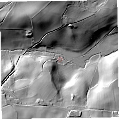 Shaded relief map of the ground around SY109AF, computed from Environment Agency LiDAR. The ground here sits at about 125 m above sea level and falls 46 m across the surrounding 800 m. Surface water reaching this point runs off ground lying to the south-west, 19.5 m higher.